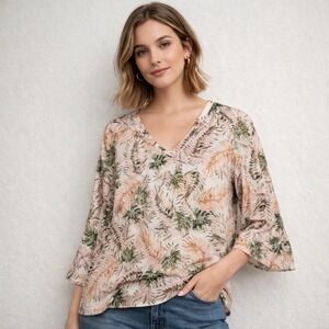 J Jill Love Linen Tropical Leaf Print V Neck Bell Sleeve Tunic Top‎ Size Medium